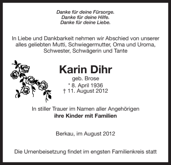 Traueranzeige von Karin Dihr von ALLGEMEINE ZEITUNG UELZEN