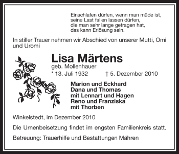 Traueranzeige von Lisa Märtens von ALLGEMEINE ZEITUNG UELZEN