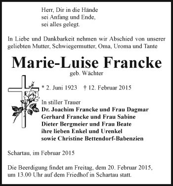 Traueranzeige von Marie-Luise Francke von Uelzen