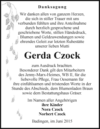 Traueranzeige von Gerda Czock von Uelzen