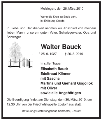 Traueranzeige von Walter Bauck von ALLGEMEINE ZEITUNG UELZEN