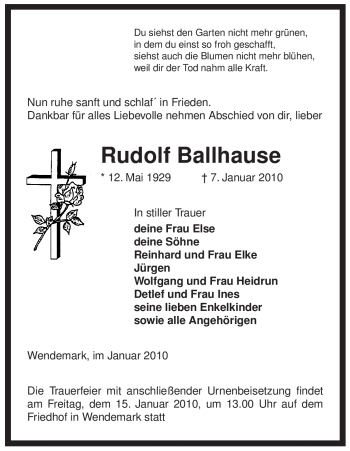 Traueranzeige von Rudolf Ballhause von ALLGEMEINE ZEITUNG UELZEN