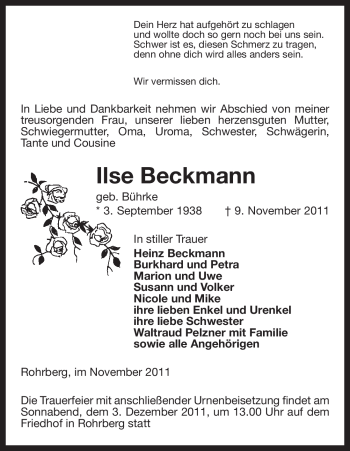 Traueranzeige von Ilse Beckmann von ALLGEMEINE ZEITUNG UELZEN