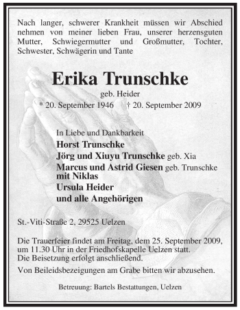 Traueranzeige von Erika Trunschke von ALLGEMEINE ZEITUNG UELZEN