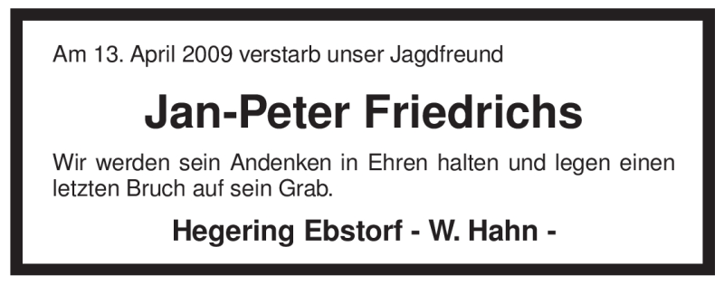  Traueranzeige für Jan-Peter Friedrichs vom 15.04.2009 aus ALLGEMEINE ZEITUNG UELZEN