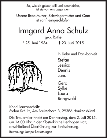 Traueranzeige von Irmgard Anna Schulz von Uelzen