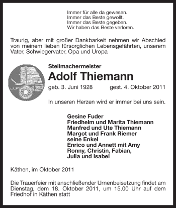 Traueranzeige von Adolf Thiemann von ALLGEMEINE ZEITUNG UELZEN