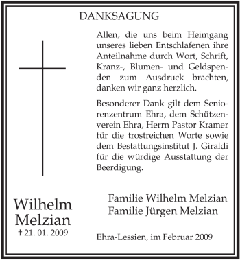 Traueranzeige von Wilhelm Melzian von ALLGEMEINE ZEITUNG UELZEN