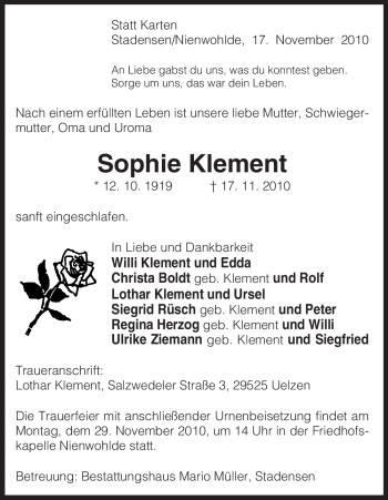 Traueranzeige von Sophie Klement von ALLGEMEINE ZEITUNG UELZEN