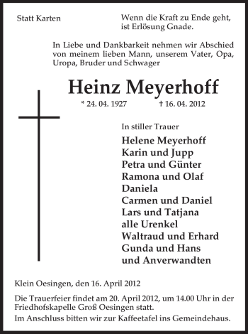 Traueranzeige von Heinz Meyerhoff von ALLGEMEINE ZEITUNG UELZEN