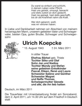 Traueranzeige von Ulrich Koepcke von ALLGEMEINE ZEITUNG UELZEN