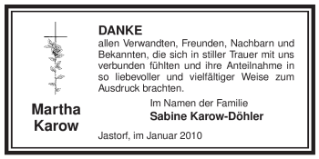 Traueranzeige von Martha Karow von ALLGEMEINE ZEITUNG UELZEN