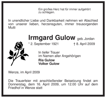 Traueranzeige von Irmgard Gulow von ALLGEMEINE ZEITUNG UELZEN