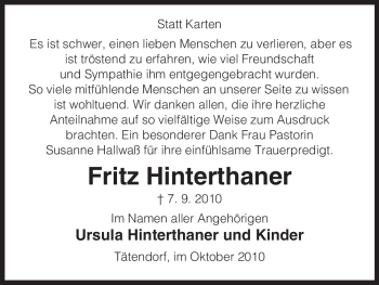 Traueranzeige von Fritz Hinterthaner von ALLGEMEINE ZEITUNG UELZEN