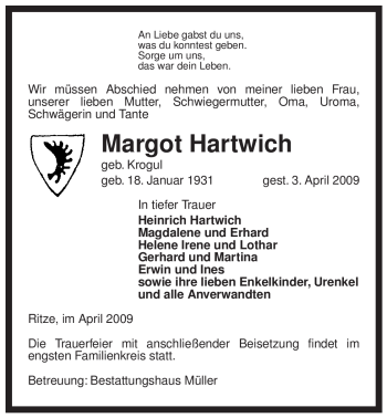 Traueranzeige von Margot Hartwich von ALLGEMEINE ZEITUNG UELZEN