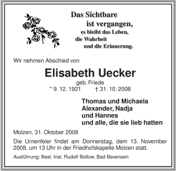 Traueranzeige von Elisabeth Uecker von ALLGEMEINE ZEITUNG UELZEN