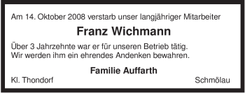 Traueranzeige von Franz Wichmann von ALLGEMEINE ZEITUNG UELZEN