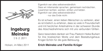 Traueranzeige von Ingeburg Meineke von ALLGEMEINE ZEITUNG UELZEN