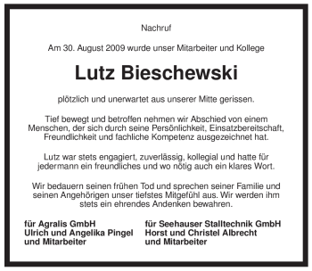 Traueranzeige von Lutz Bieschewski von ALLGEMEINE ZEITUNG UELZEN