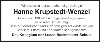 Traueranzeige von Hanne Krupstedt-Wenzel von ALLGEMEINE ZEITUNG UELZEN