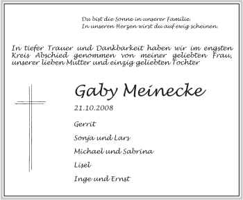Traueranzeige von Gaby Meinecke von ALLGEMEINE ZEITUNG UELZEN