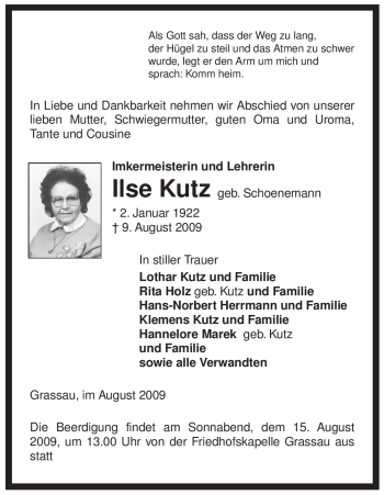 Traueranzeige von Ilse Kutz von ALLGEMEINE ZEITUNG UELZEN