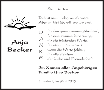 Traueranzeige von Anja Becker von Uelzen