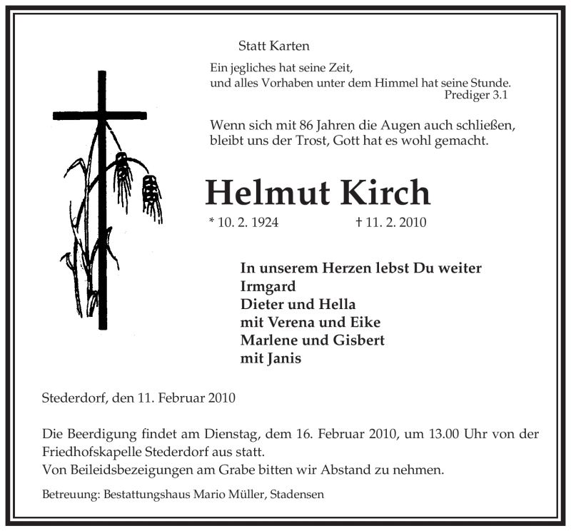  Traueranzeige für Helmut Kirch vom 13.02.2010 aus ALLGEMEINE ZEITUNG UELZEN