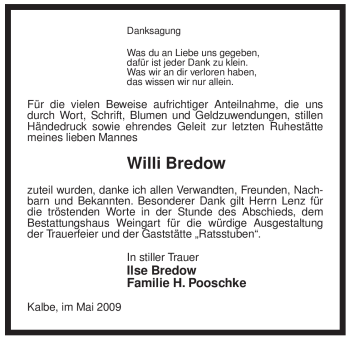 Traueranzeige von Willi Bredow von ALLGEMEINE ZEITUNG UELZEN