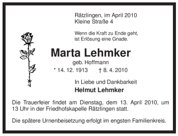 Traueranzeige von Marta Lehmker von ALLGEMEINE ZEITUNG UELZEN