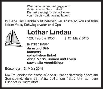 Traueranzeige von Lothar Lindau von Uelzen