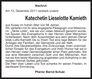 Traueranzeige von Lieselotte Kamieth von ALLGEMEINE ZEITUNG UELZEN