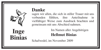 Traueranzeige von Inge Binias von ALLGEMEINE ZEITUNG UELZEN