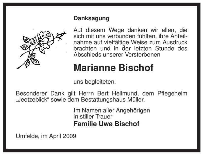  Traueranzeige für Marianne Bischof vom 11.04.2009 aus ALLGEMEINE ZEITUNG UELZEN