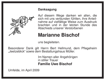 Traueranzeige von Marianne Bischof von ALLGEMEINE ZEITUNG UELZEN