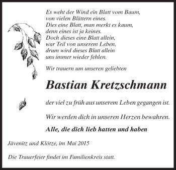 Traueranzeige von Bastian Kretzschmann von Uelzen