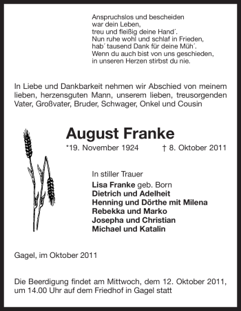 Traueranzeige von August Franke von ALLGEMEINE ZEITUNG UELZEN