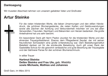 Traueranzeige von Artur Steinke von Uelzen