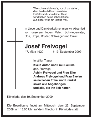 Traueranzeige von Josef Freivogel von ALLGEMEINE ZEITUNG UELZEN