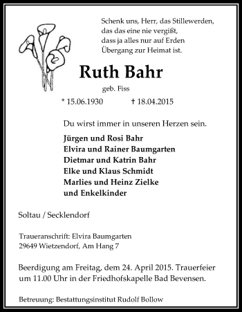 Traueranzeige von Ruth Bahr von Uelzen