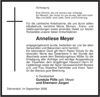 Traueranzeige von Anneliese Meyer von ALLGEMEINE ZEITUNG UELZEN