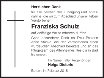 Traueranzeige von Franziska Schulz von Uelzen