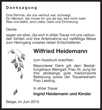 Traueranzeige von Wilfried Heidemann von Uelzen