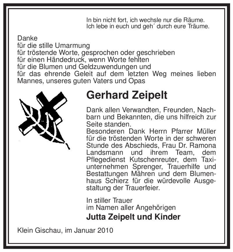  Traueranzeige für Gerhard Zeipelt vom 16.01.2010 aus ALLGEMEINE ZEITUNG UELZEN