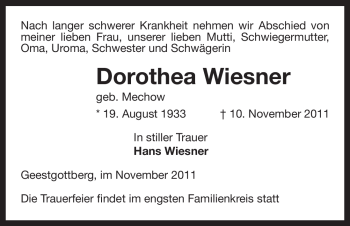 Traueranzeige von Dorothea Wiesner von ALLGEMEINE ZEITUNG UELZEN