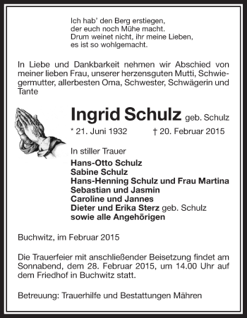 Traueranzeige von Ingrid Schulz von Uelzen