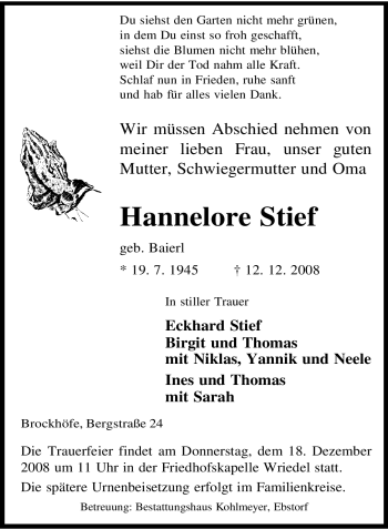 Traueranzeige von Hannelore Stief von ALLGEMEINE ZEITUNG UELZEN