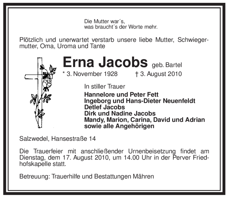  Traueranzeige für Erna Jacobs vom 04.08.2010 aus ALLGEMEINE ZEITUNG UELZEN