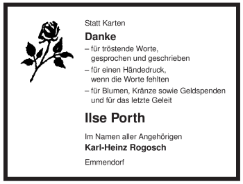 Traueranzeige von Ilse Porth von ALLGEMEINE ZEITUNG UELZEN