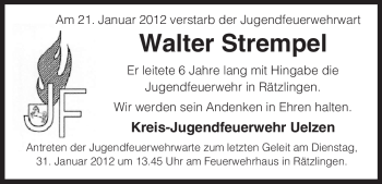 Traueranzeige von Walter Strempel von ALLGEMEINE ZEITUNG UELZEN